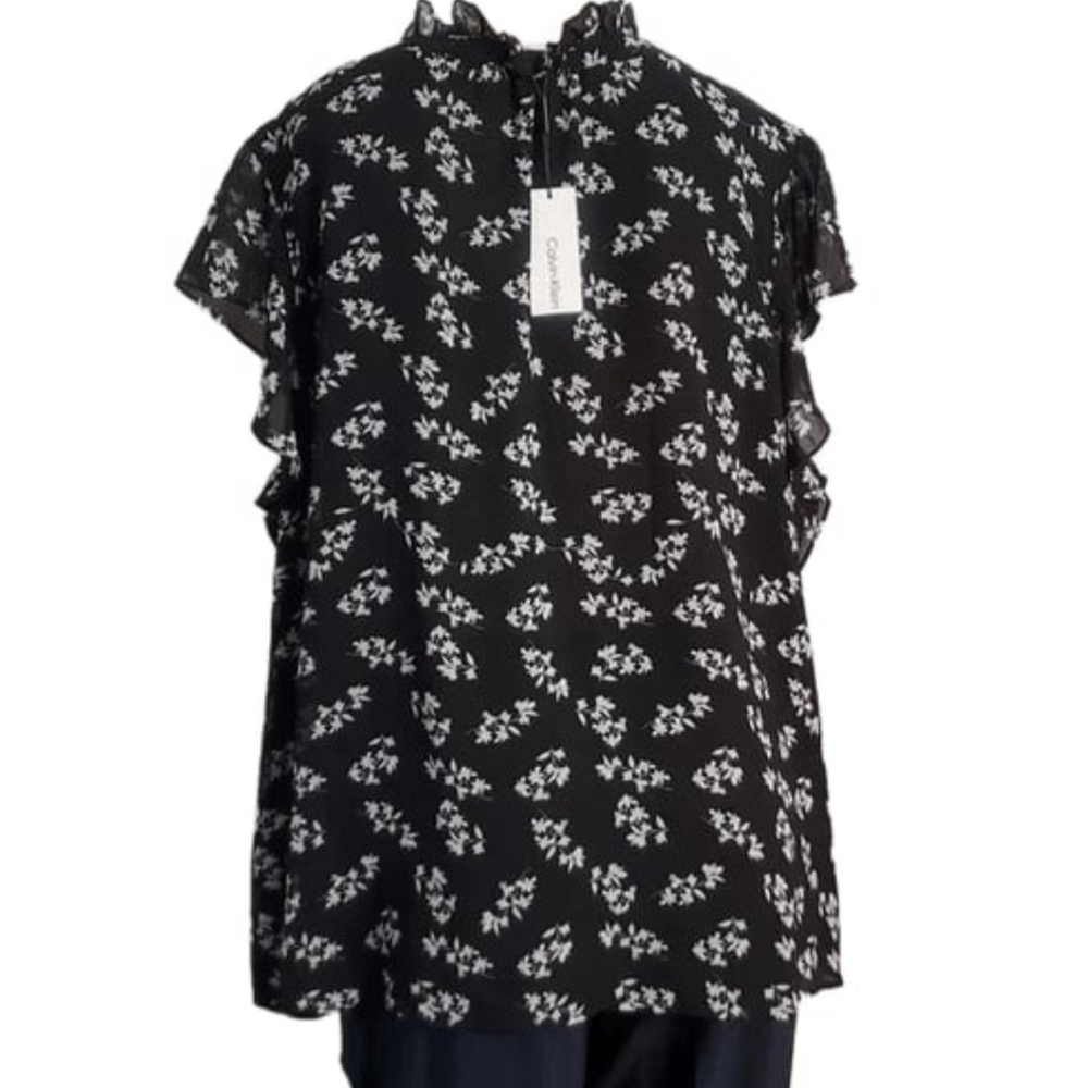 NWT Calvin Klein Black White flowered button down blouse Size 3XL - Picture 5 of 10